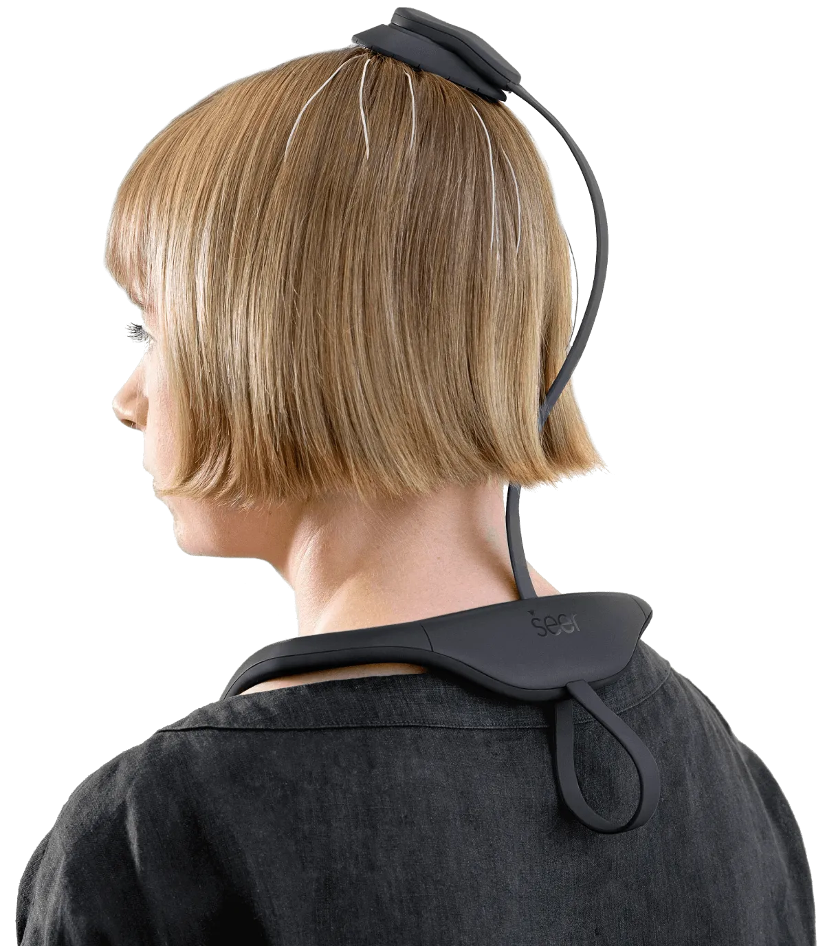 A woman wearing a Seer Sense device, designed by Seer Medical