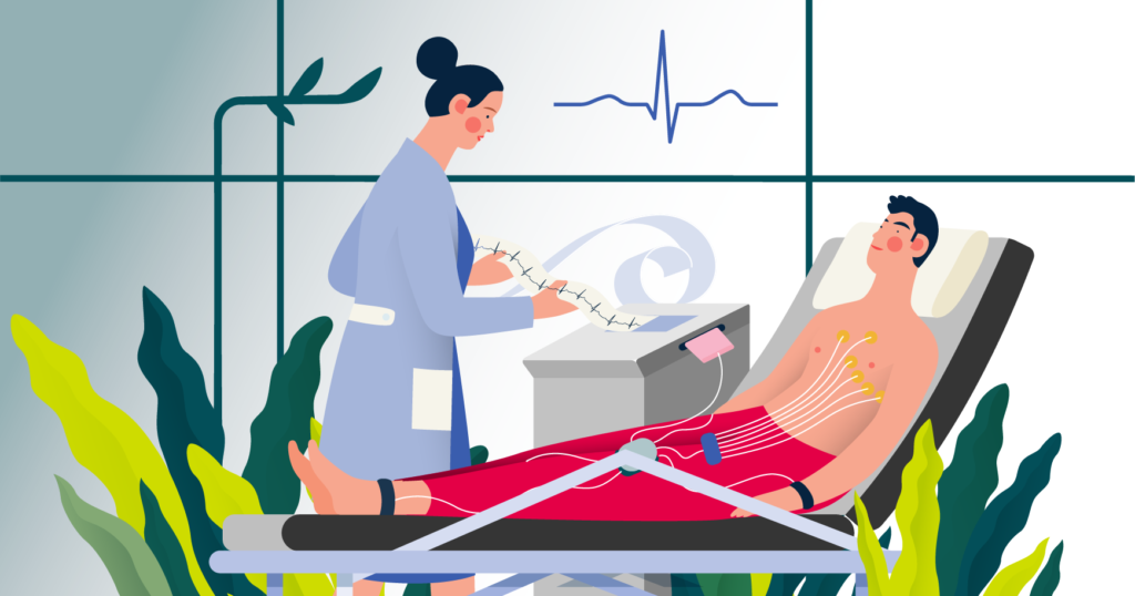 Illustration of a patient undergoing an ECG while the doctor analyses the data.