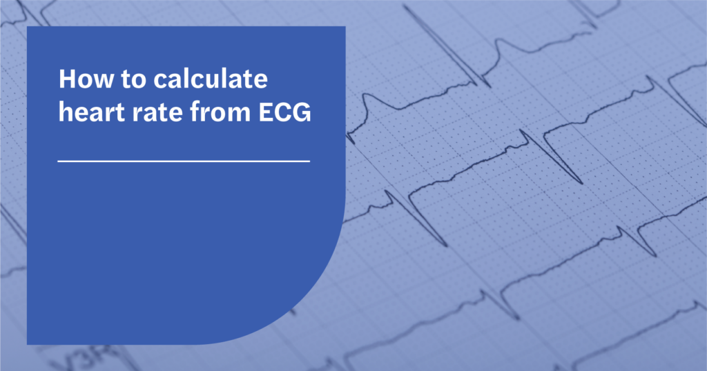 A banner with text on the left, "How to calculate heart rate from ECG" on a blue box layered over on an image of an ECG trace