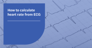 A banner with text on the left, "How to calculate heart rate from ECG" on a blue box layered over on an image of an ECG trace