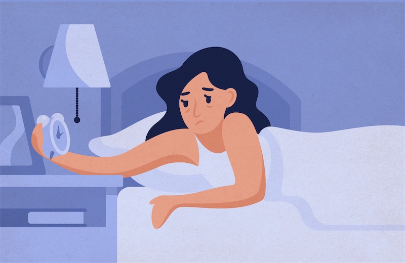 Illustration of tired woman lying in bed and looking at clock during the night.