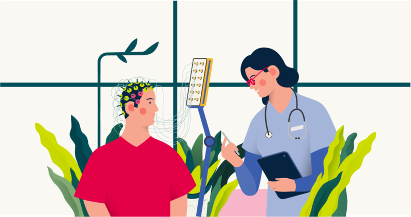 Illustration of person getting an EEG test performed by a medical professional