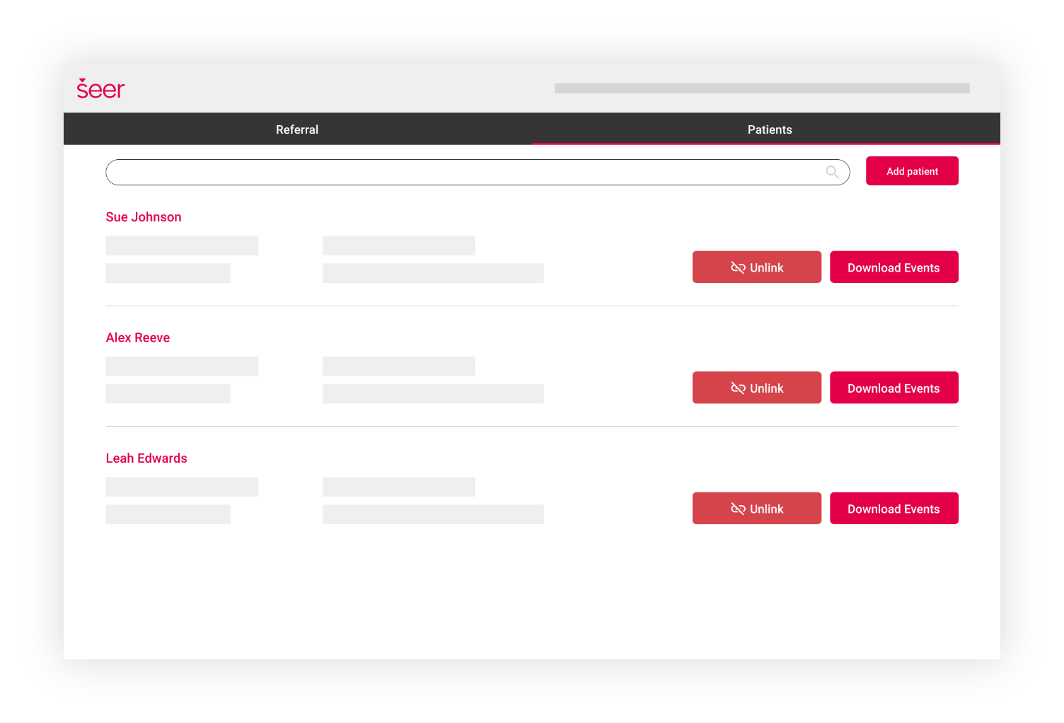 Sample of patient names on Seer Cloud