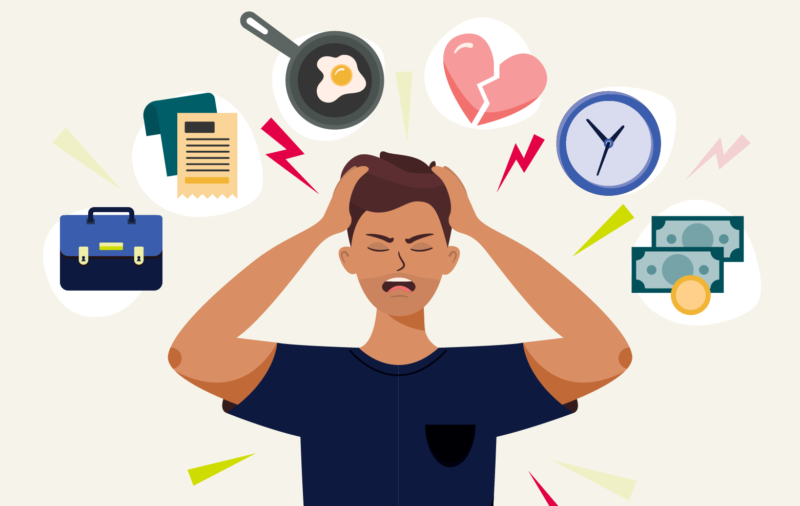 Illustration of a man with open mouth, clutches at head with both hands. He suffers from headache, panic, fright, depression. Stress, irritation factors, housekeeping, overwork, badmood